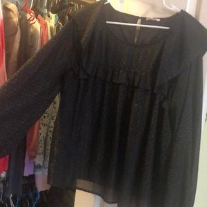 Entro Sparkly Black Gold Blouse ruffles Poof Sleeves Long Sleeve Shirt